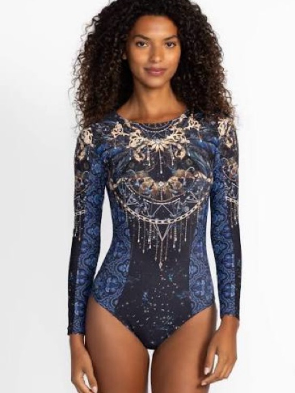 Johnny Was Supernova Long Sleeve Blue & Gold Printed One-Piece Swimsuit
